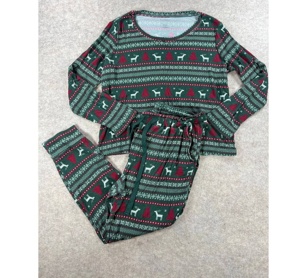 Posh Peanut Green Holiday Fair Isle Bamboo Waffle Pajama Set Women's Size L